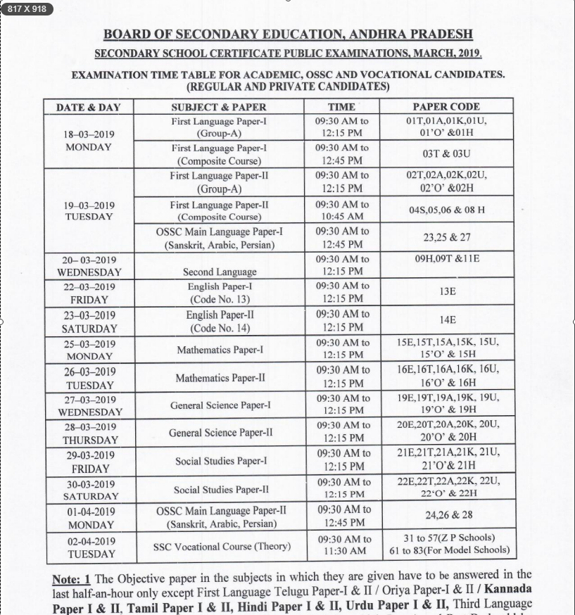 Ap Ssc Exam Time Table 2019 Andhra Pradesh 10th Class Timetable 2019