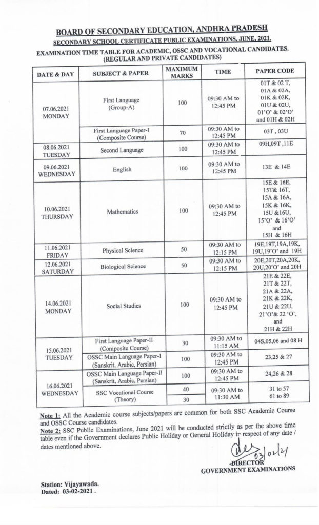 AP SSC Exam Time Table 2021